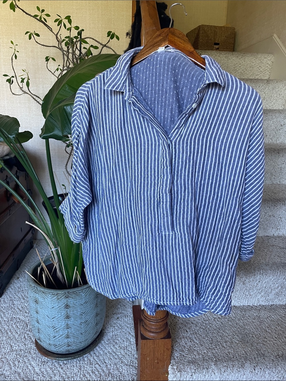 beachlunchlounge Coastal Gauzy Blue & White Striped Casual Tunic Pop Over Shirt